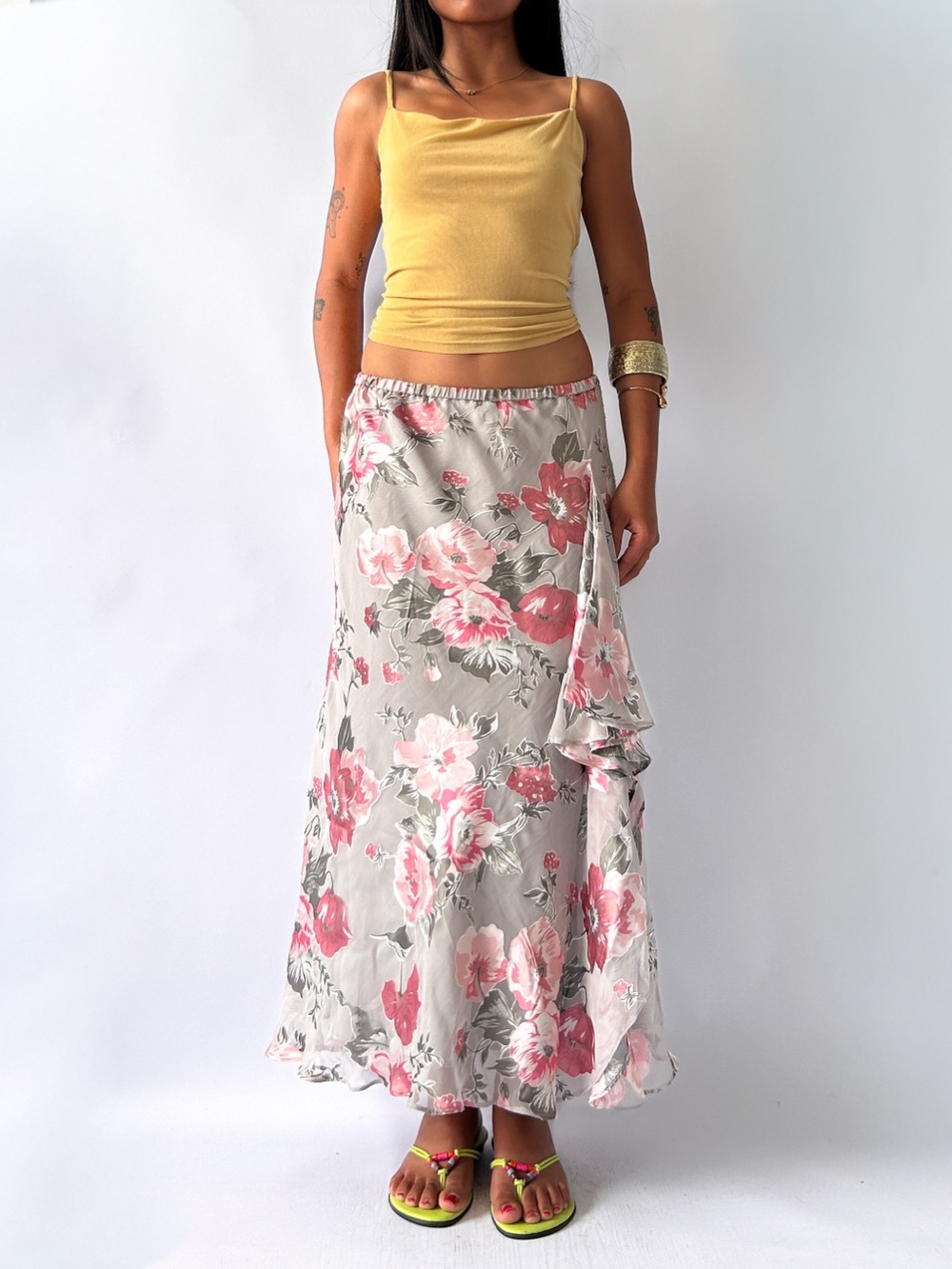 Floral Maxi Silk Skirt in Pink and Gray - Women